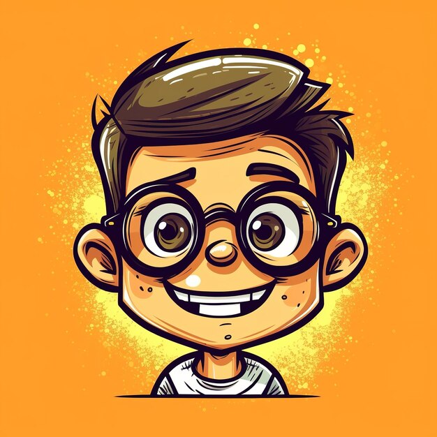 A cartoon boy with glasses and a white shirt with a yellow background.