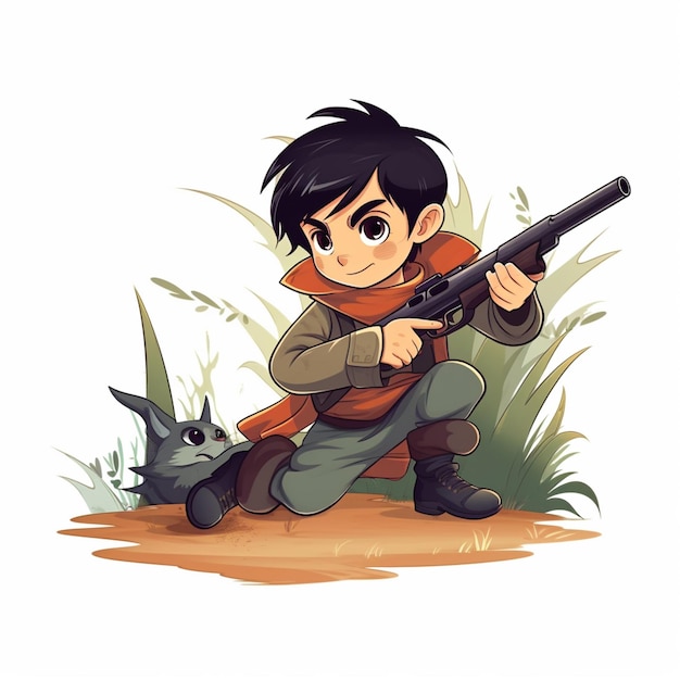銃を持ったアニメの少年と草の中の猫 ゲネレーティブ・アイ