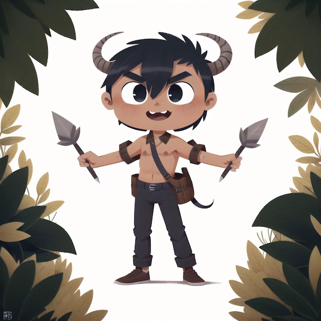 A cartoon of a boy with horns holding two spears.
