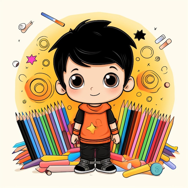 cartoon boy with a lot of pencils and crayons generative ai