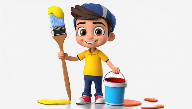 Cartoon boy with paintbrush and bucket of paint