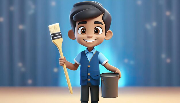 Cartoon boy with paintbrush and bucket of paint