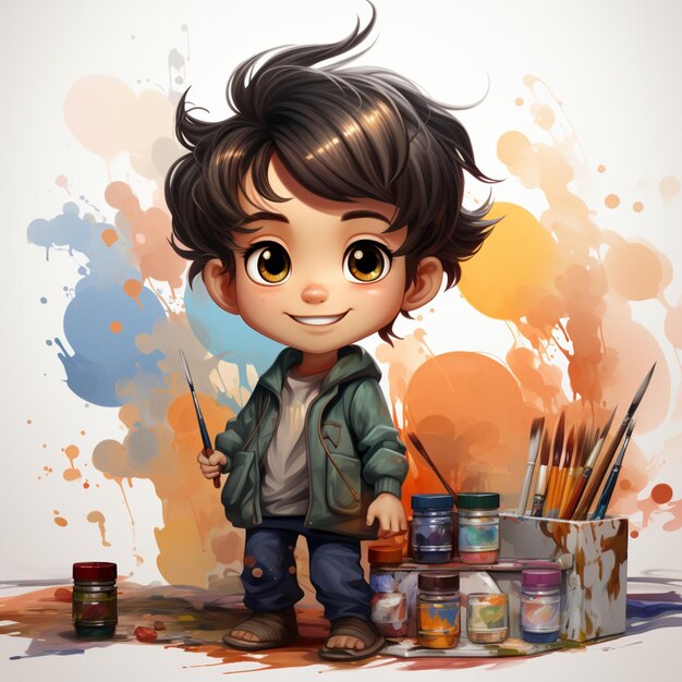 cartoon boy with paintbrush and paint cans standing in front of a paintbrush generative ai