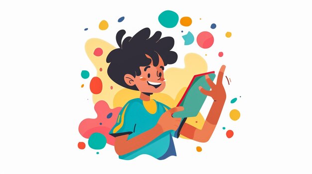 Photo a cartoon of a boy with a phone in his hand