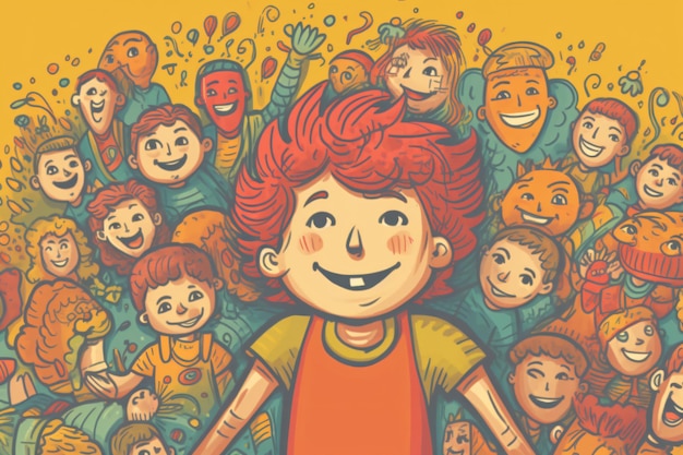 A cartoon of a boy with red hair and a yellow background with the words