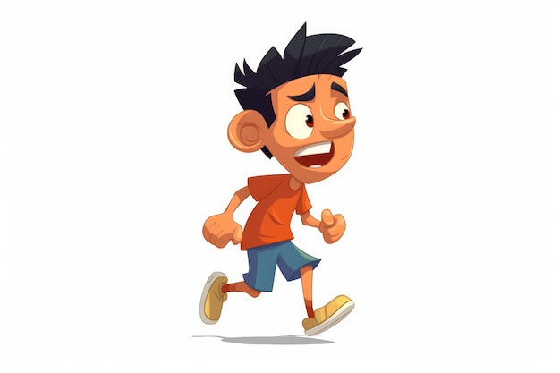 A cartoon boy with a red shirt walking