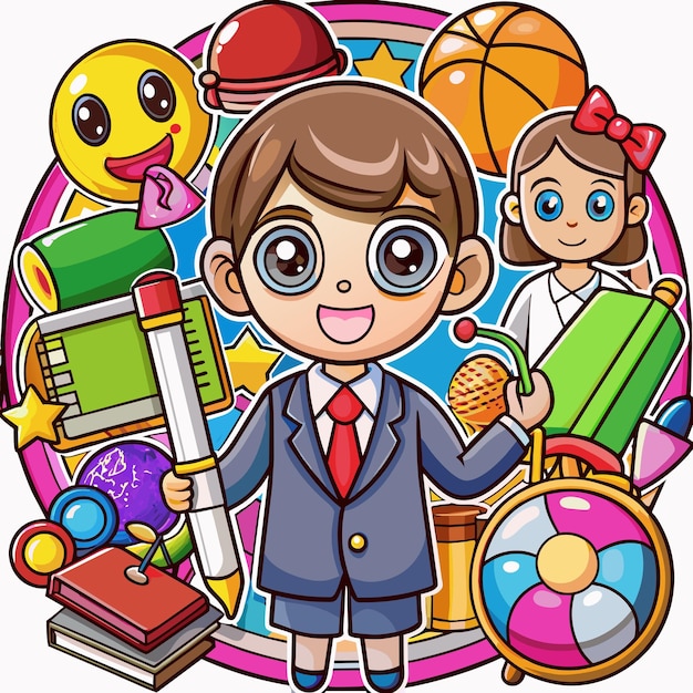 a cartoon of a boy with a toy and a toy in front of him