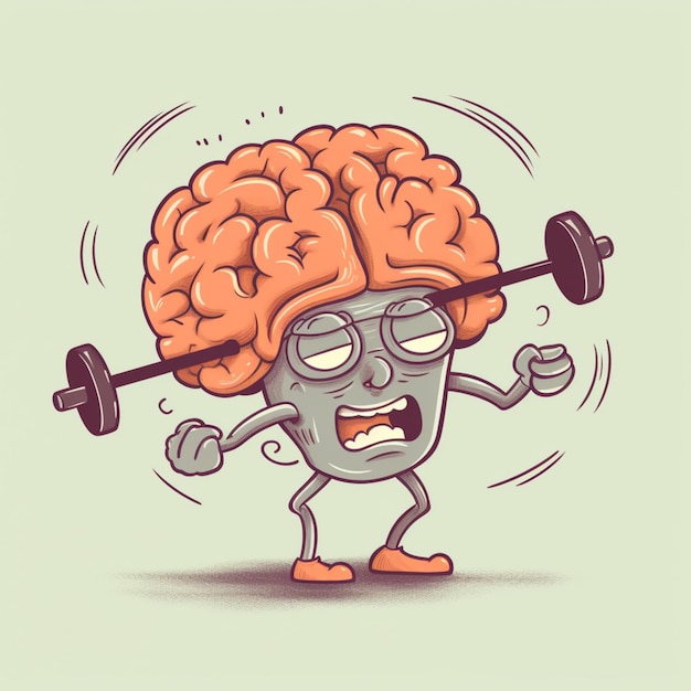 A cartoon of a brain with a barbell on his head.