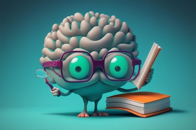 Foto cervello cartone animato con gli occhi il cervello riceve conoscenza cervello che legge un libro giornata della conoscenza
