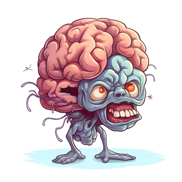 A cartoon of a brain with a zombie face.