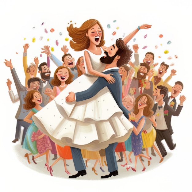 A cartoon of a bride and groom with a crowd of people behind them.