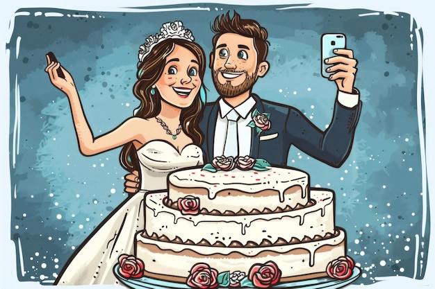 Cartoon of a Bride and Groom With Wedding Cake