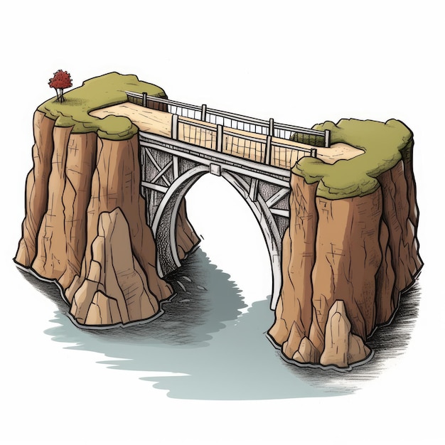 Photo cartoon a bridge connecting two cliffs on white background ai generated