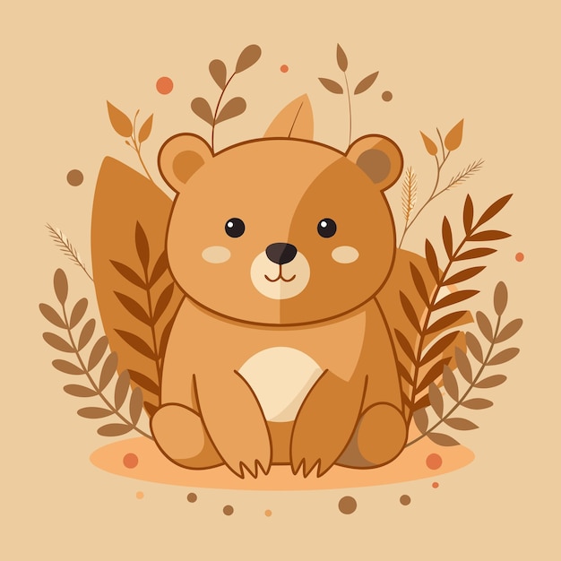a cartoon of a brown bear sitting in the grass with trees and leaves