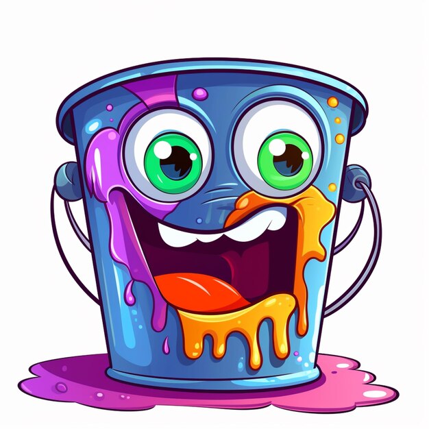 cartoon bucket with paint and a brush with a happy face generative ai