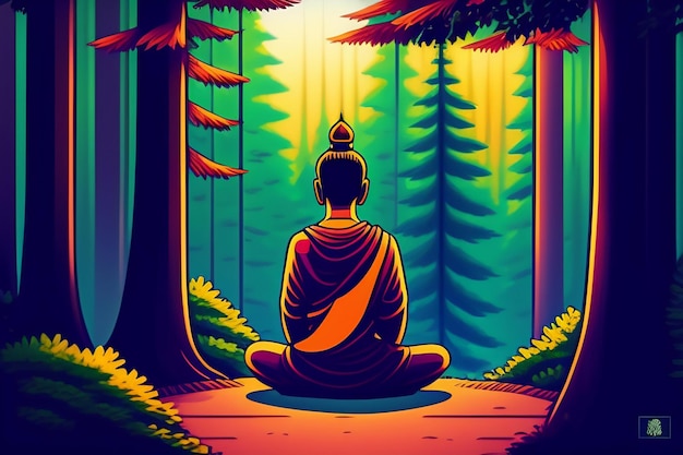 Foto un cartone animato di un buddha in una foresta con le parole buddha sul davanti.