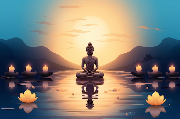 A cartoon buddha sits in a lake with the sun behind it.