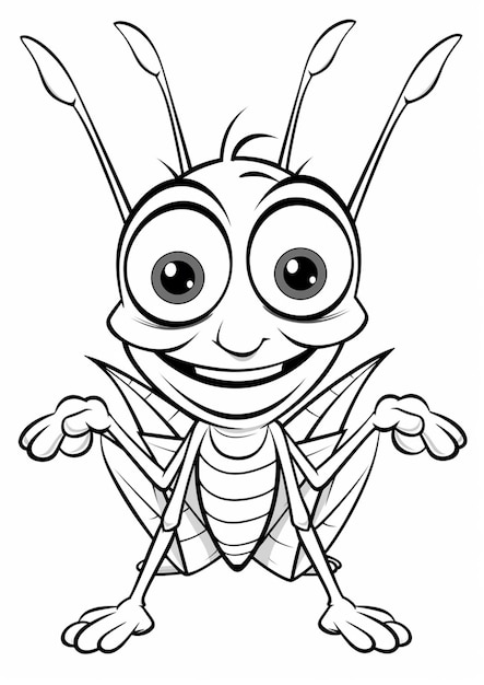 A cartoon bug with big eyes and antennae sitting on the ground generative ai