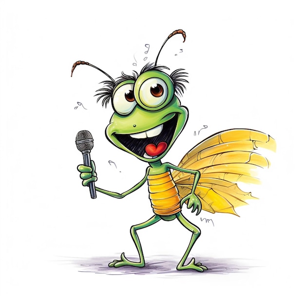 Photo cartoon bug with microphone and wings singing a song generative ai