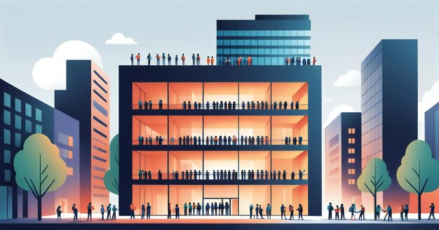 a cartoon of a building with people standing in front of it