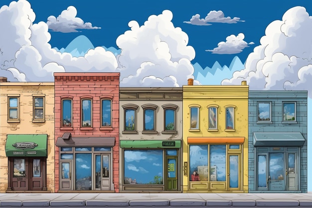 A cartoon of buildings with a sign that says