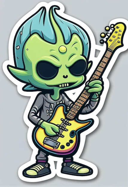Cartoon buitenaards karakter met gitaar generatieve ai