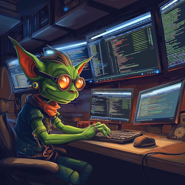 Cartoon buitenaardse zit aan een computer bureau met een toetsenbord