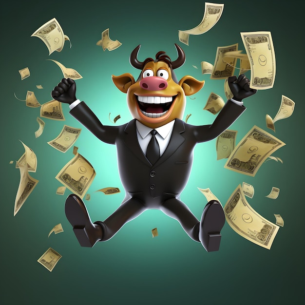 Photo a cartoon bull in a suit with a dollar bill in the air.