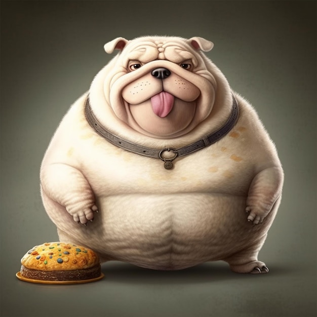 A cartoon of a bulldog with a bowl of food next to it.