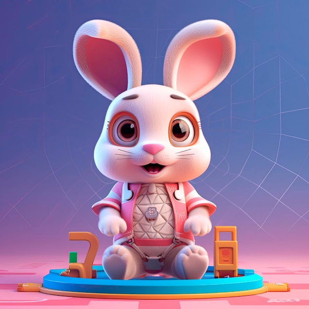 Cartoon bunny 3d illustration for children Cute toy bunny 3D character banner