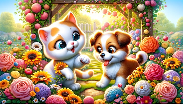 만화 토끼 와 고양이 가 활기찬 정원 에서 놀이 를 즐기고 있다