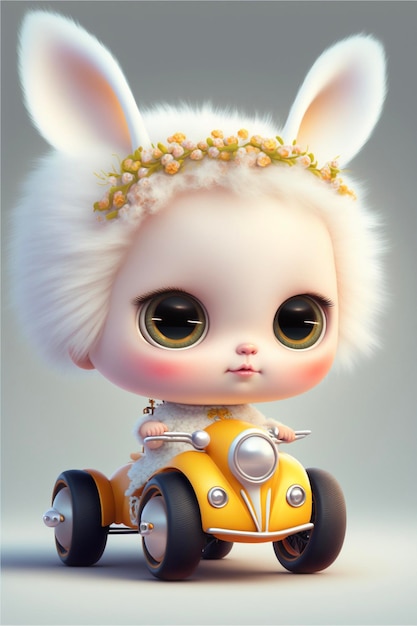 Cartoon bunny driving a small yellow car generative ai