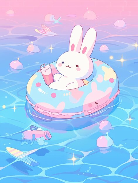 Cartoon bunny floating in a pool with a drink and a toy generative ai