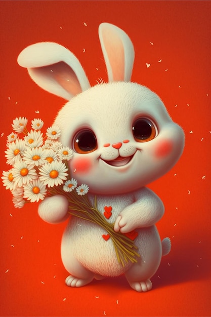 Cartoon bunny holding a bunch of daisies generative ai