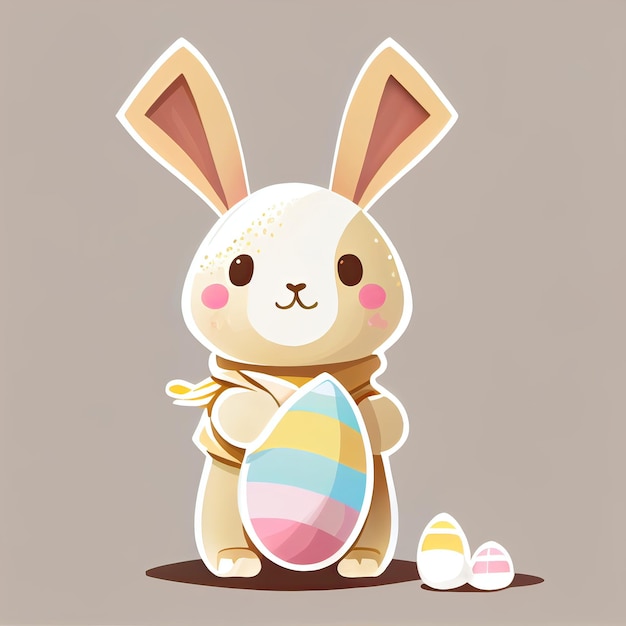 cartoon bunny holding an easter egg Happy Easter greeting card illustration Cute bunny hold