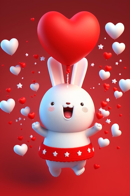 Мультяшный кролик держит воздушный шар в форме сердца, генеративный искусственный интеллект