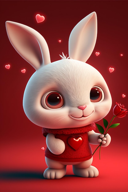 Cartoon bunny holding a rose on a red background generative ai