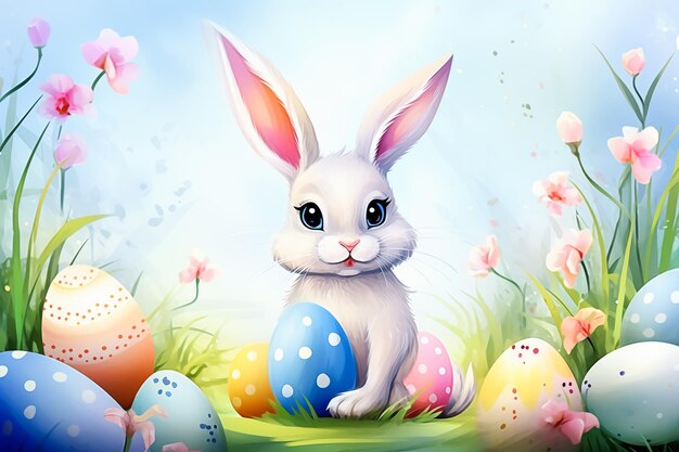 Cartoon bunny rabbit with easter eggs on meadow background perfect for easter greetings