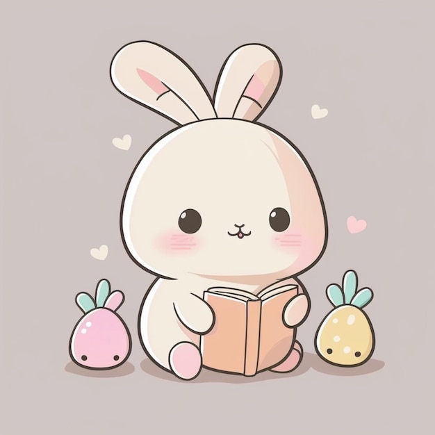 Cartoon bunny reading a book with two little bunnies generative ai