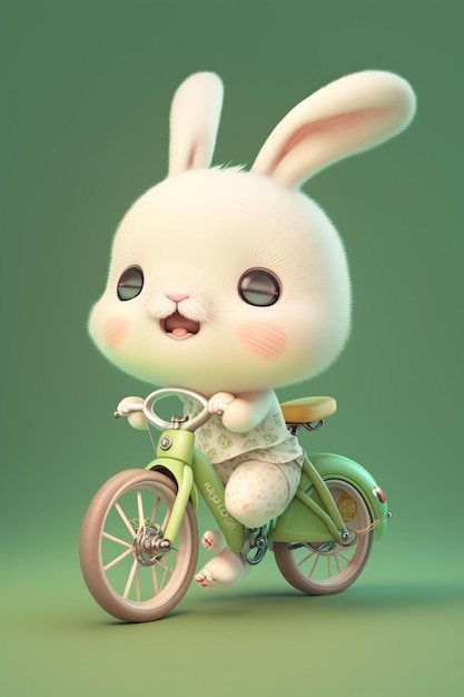 Cartoon bunny riding a bike on a green background generative ai