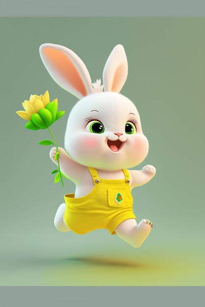 Cartoon bunny running with a flower in its hand generative ai