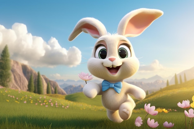 Cartoon bunny running with a flower in its hand