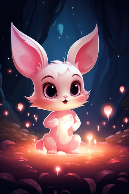 A cartoon bunny sitting in a field of fireflies Digital image