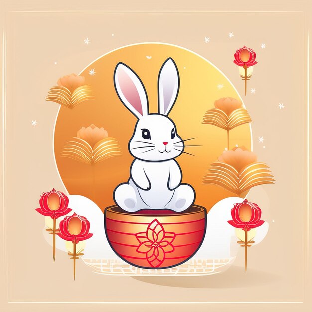 a cartoon of a bunny sitting on a red box with flowers