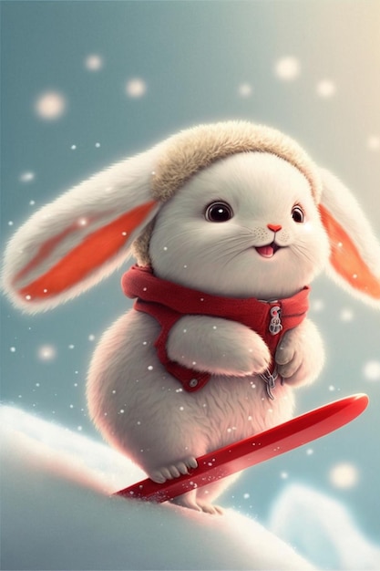 Cartoon bunny on a snowboard in the snow generative ai