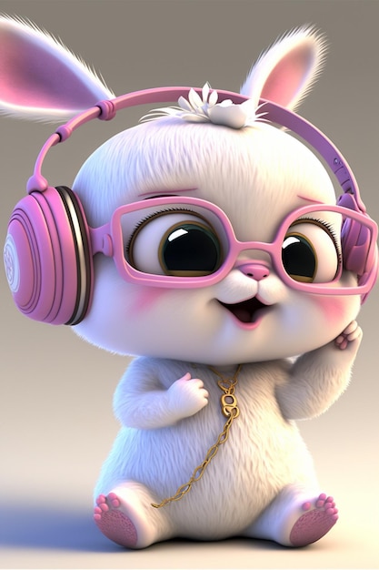 Cartoon bunny wearing headphones and listening to music generative ai