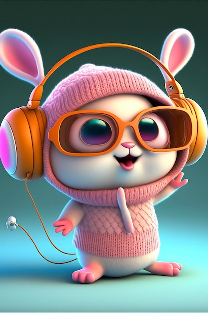 Cartoon bunny wearing headphones and a sweater generative ai