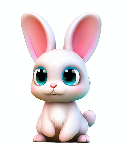 A cartoon bunny with big blue eyes sits on a white background.