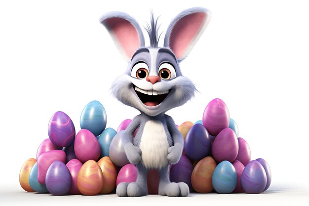 Photo cartoon bunny with big easter eggs on a white background