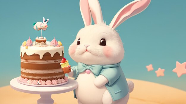 Photo a cartoon bunny with a cake in his hand